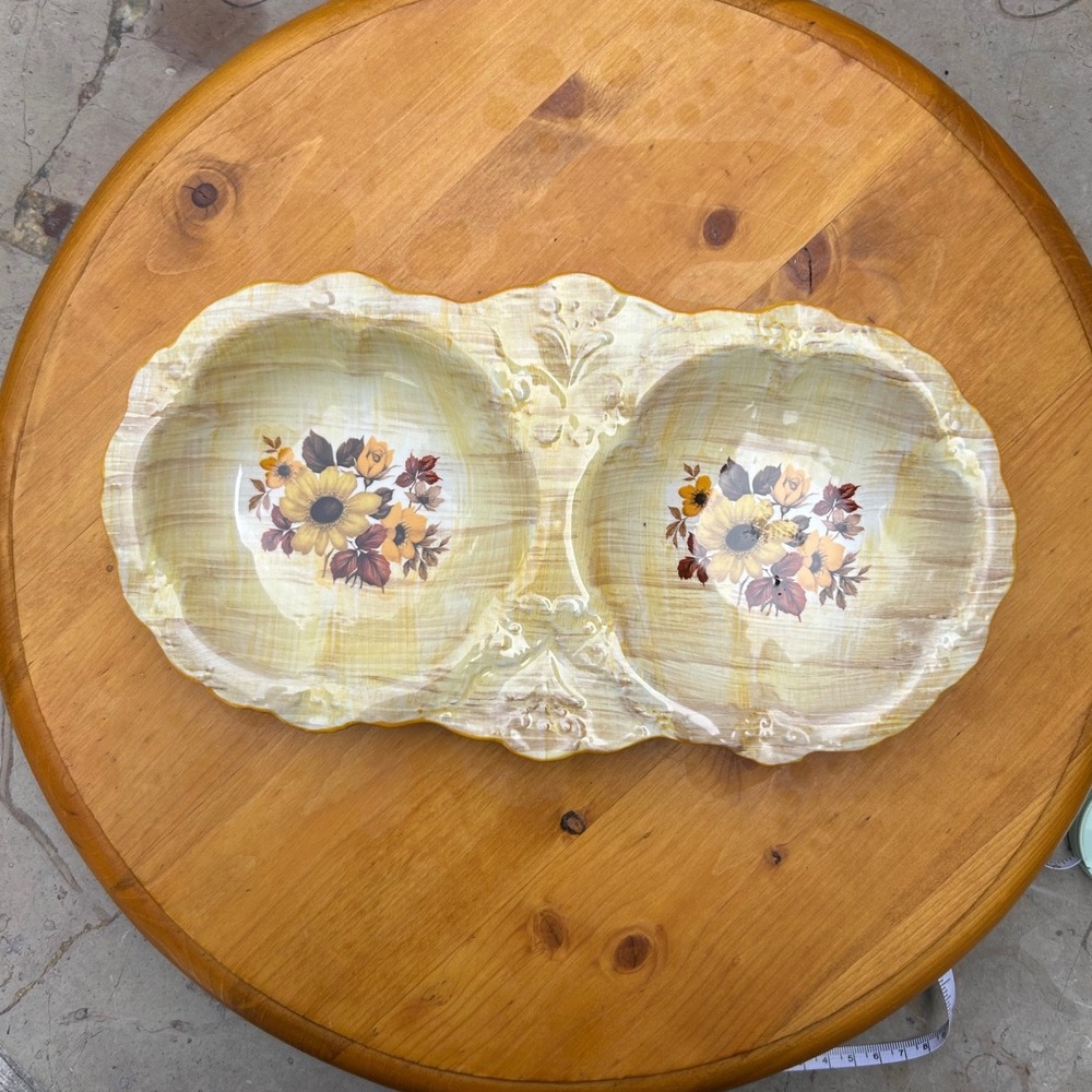 Vintage Divided Relish Dish Yellow Plaid Sunflower Floral Ceramic Old Foley